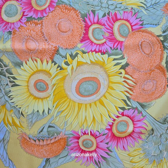 Large Silk Twill Scarf Hand-Rolled Sunflowers Floral Orange Yellow - Picture 5 of 12